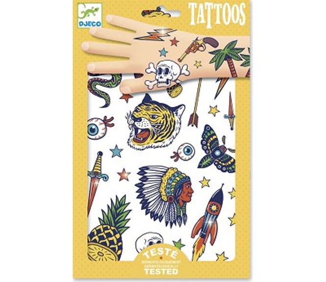 Hovedbilde Djeco Tatoveringer - Dyr, Indianere & Romskip med Metallisk Effekt