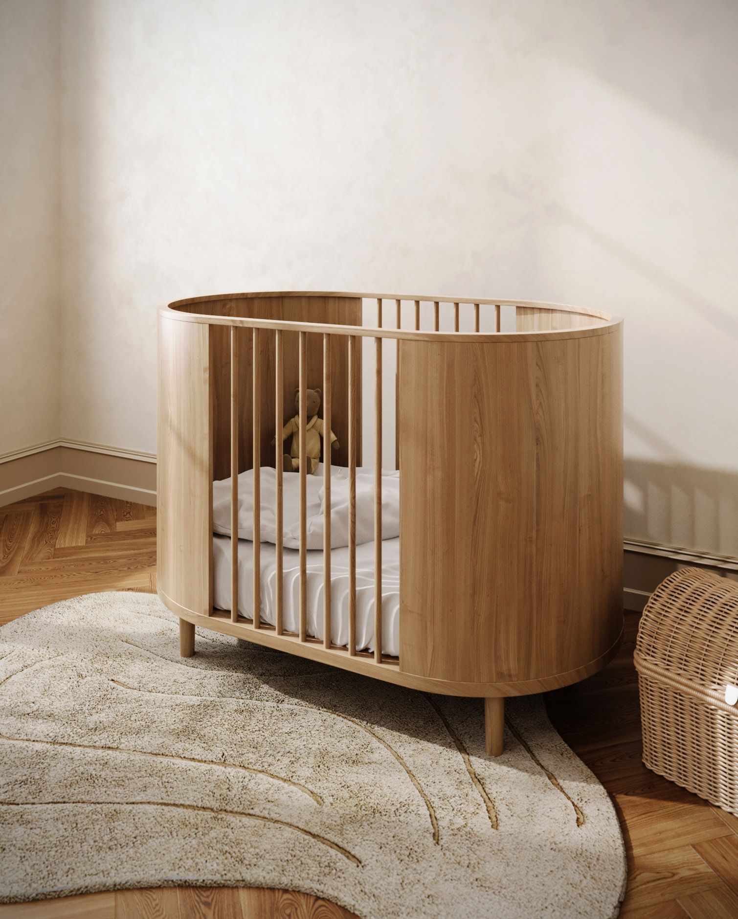 aktivitetsstativ til baby i treverk, kas kopenhagen, dansk design, interiør, seng til junior, babytepper